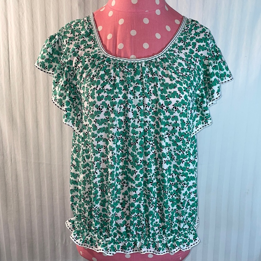 NWT Max Studio Sz M ruffled slv floral print top w elastic waist n ruffle accent